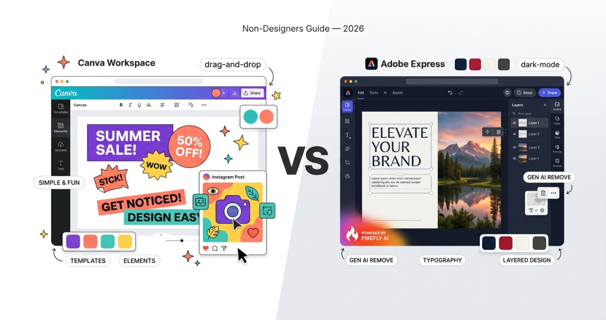 Canva Pro vs Adobe Express 2026 hero illustration showing two design workspaces side by side — Canva's colorful drag-and-drop canvas on the left and Adobe Express's refined AI-powered editor on the right
