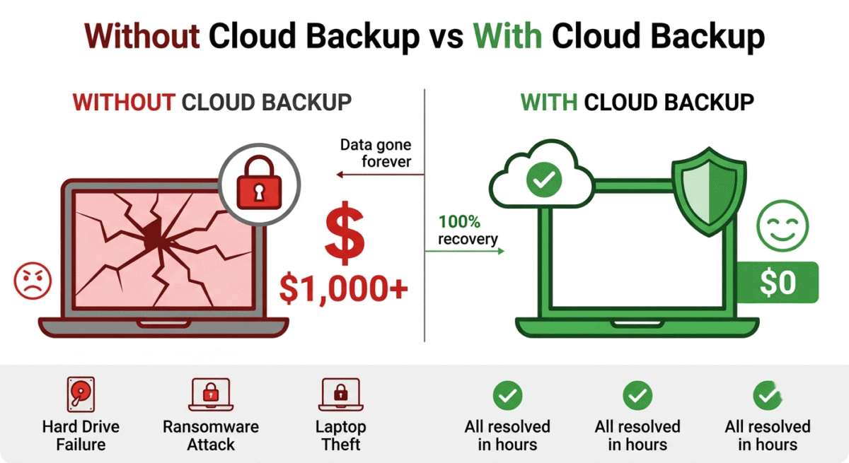 Before and after disaster scenarios showing complete data loss without cloud backup costing $1,000+ with days of downtime versus with backup enabling 100% recovery in hours for $99/year investment.