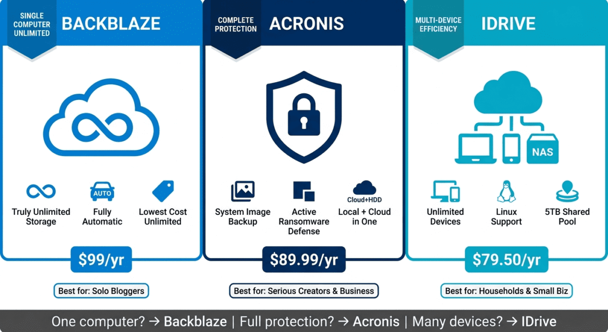 Platform positioning matrix showing Backblaze as single-computer unlimited specialist, Acronis as complete protection specialist with system image and ransomware defense, and IDrive as multi-device efficiency specialist with unlimited devices on shared storage.