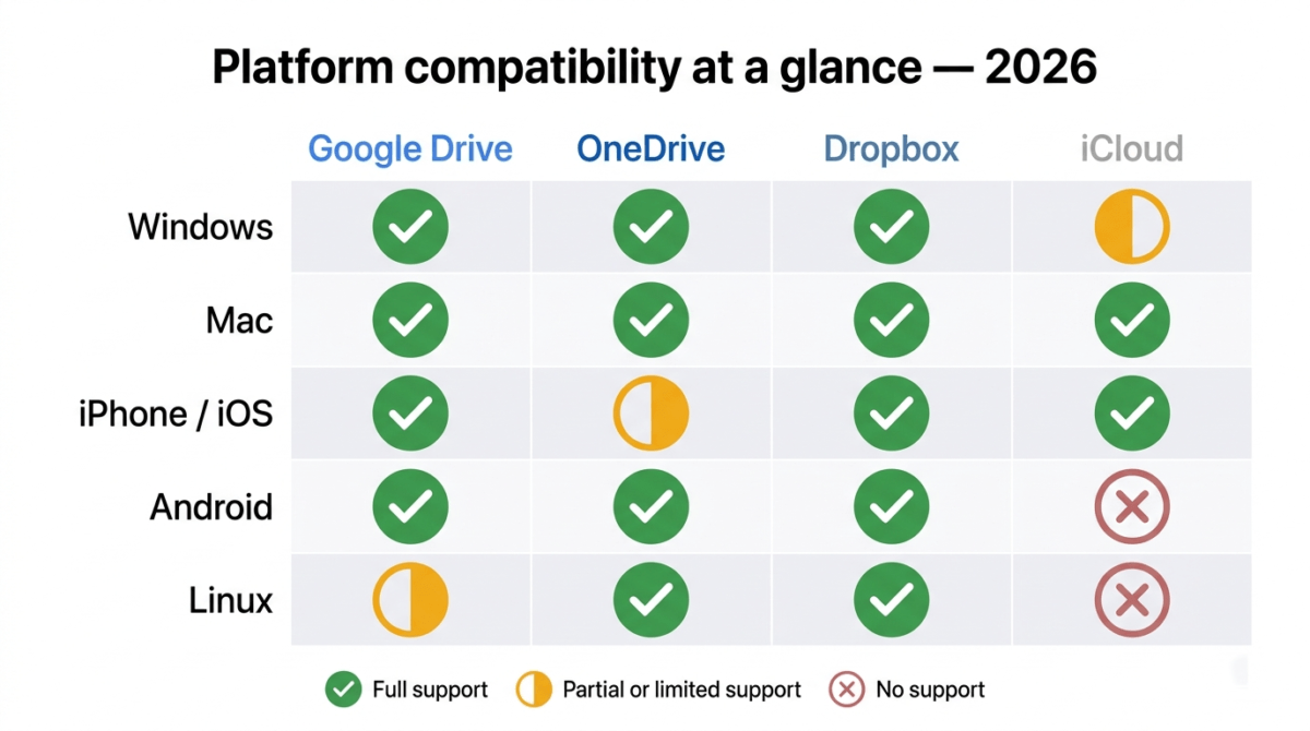 Platform compatibility matrix showing cloud storage support across Windows, Mac, iPhone, Android, and Linux for Google Drive, OneDrive, Dropbox, and iCloud — with green checkmarks for full support, amber for partial, and red for no support