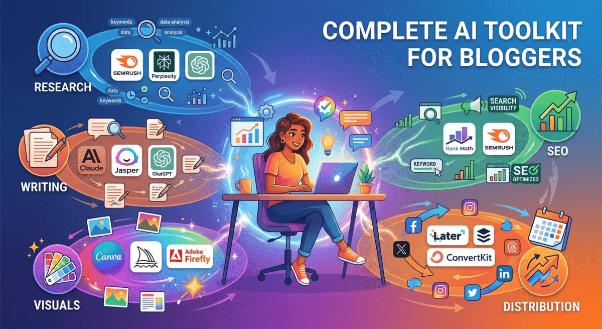 A blogger at center surrounded by integrated AI tools including Semrush (research), Claude (writing), Canva (visuals), Rank Math (SEO), and Later (distribution), representing a complete AI toolkit for content creation.