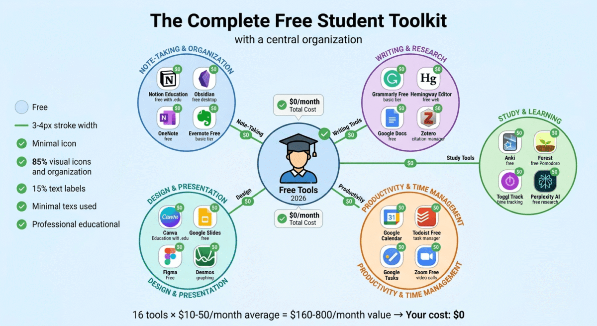 Visual ecosystem map showing 16 completely free student productivity tools organized in five categories: Note-Taking (Notion Education, Obsidian, OneNote), Writing Tools (Grammarly Free, Hemingway, Google Docs, Zotero), Study Tools (Anki, Forest, Toggl, Perplexity), Productivity (Google Calendar, Todoist, Google Tasks, Zoom Free), and Design (Canva Education, Figma Free, Desmos) - with total value of $200+/month compressed to zero cost.