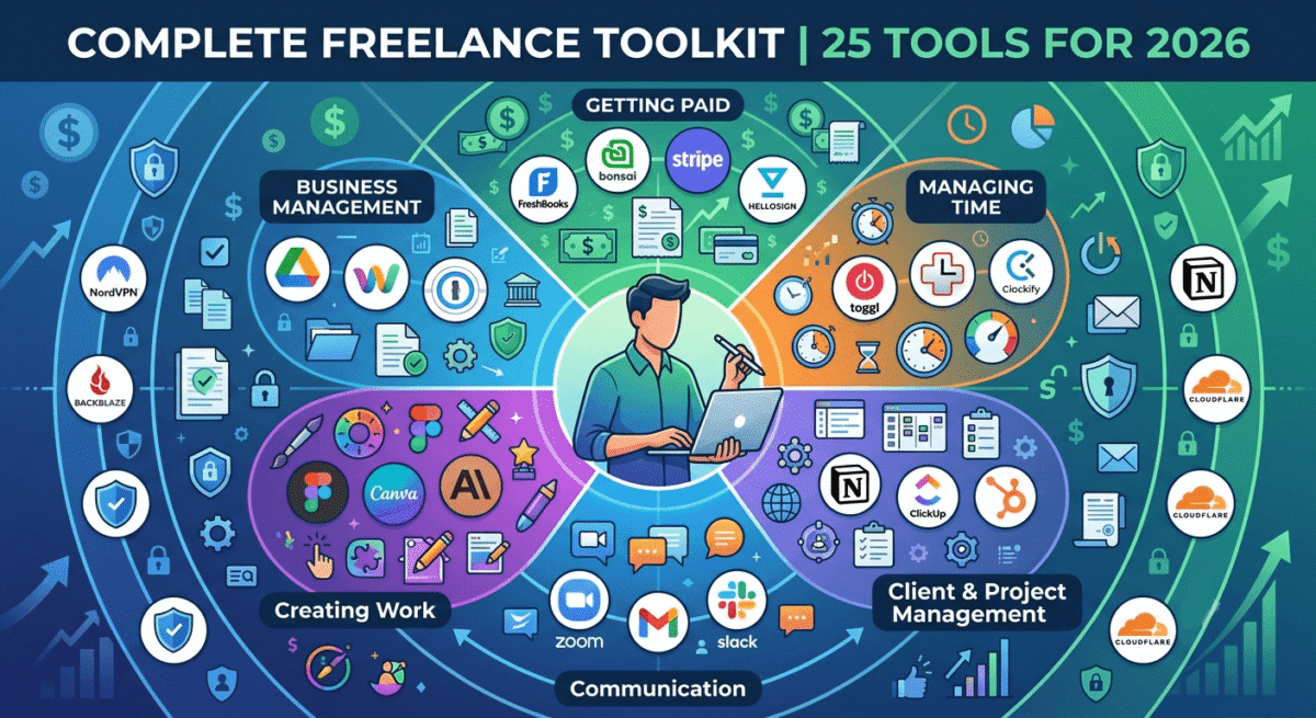 A freelancer surrounded by 25 tools organized into 7 categories: Getting Paid (FreshBooks, Bonsai, Stripe), Managing Time (Toggl, RescueTime), Client Management (Notion, ClickUp), Communication (Zoom, Slack), Creating Work (Figma, Canva), Business (Google Drive, Wave), and Security (NordVPN, Backblaze).
