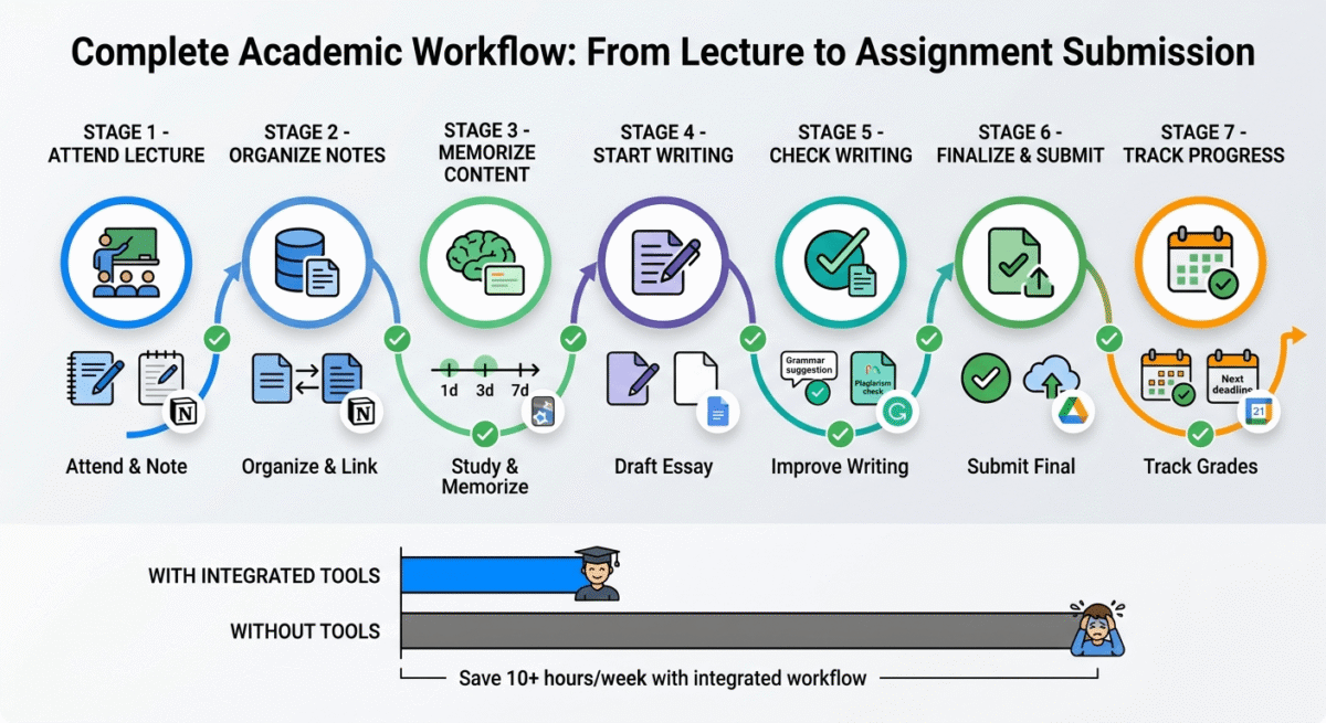 Best 25 Tools for Students in 2026, Horizontal workflow diagram showing seven-stage student academic process: attend lecture and take notes (Notion), organize and link notes (Notion database), study and memorize (Anki spaced repetition), draft essay (Google Docs), improve writing quality (Grammarly), finalize and submit (Google Drive), track grades and deadlines (Google Calendar) - with comparison showing 10+ hours weekly time savings.