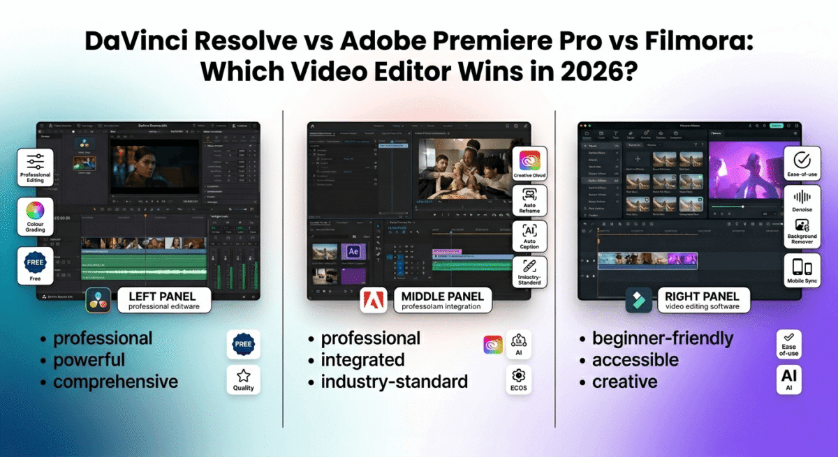 Comparison of three video editors: DaVinci Resolve with professional colour grading and timeline on the left, Adobe Premiere Pro with ecosystem integration and AI features in the center, and Filmora with beginner-friendly AI tools and mobile sync on the right.