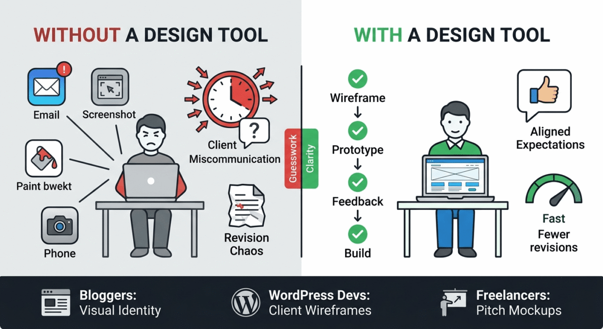 Figma vs Adobe XD vs Sketch, Side-by-side comparison showing chaotic workflow without a design tool on the left — scattered apps, revision loops, client miscommunication — versus a streamlined professional workflow with a design tool on the right, from wireframe to prototype to approved build.