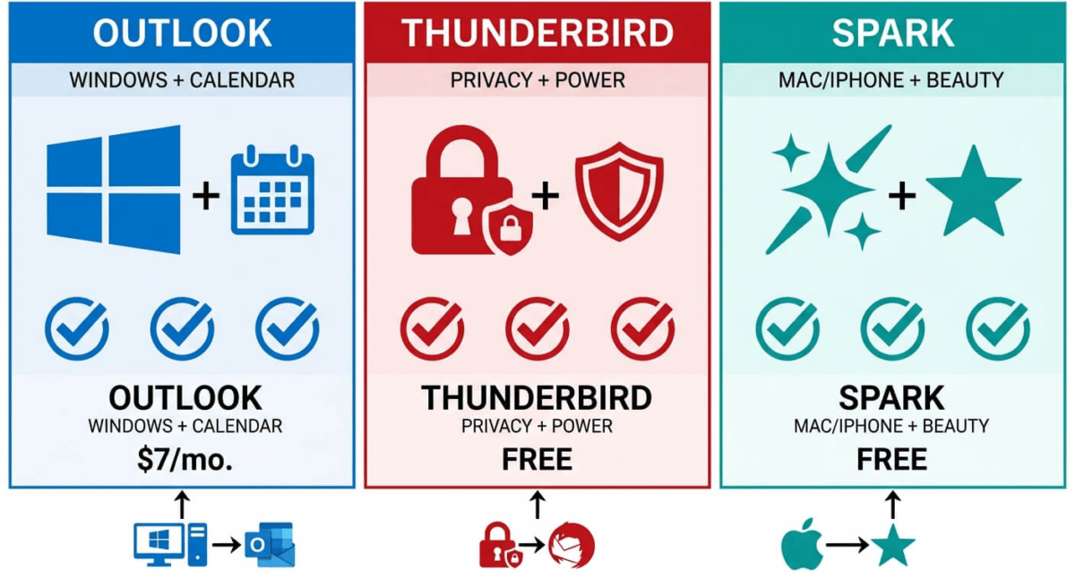 Platform positioning matrix showing Outlook as Windows and Microsoft ecosystem specialist, Thunderbird as privacy and power users specialist, and Spark as Mac/iPhone and productivity specialist, with distinct strengths and target user types.