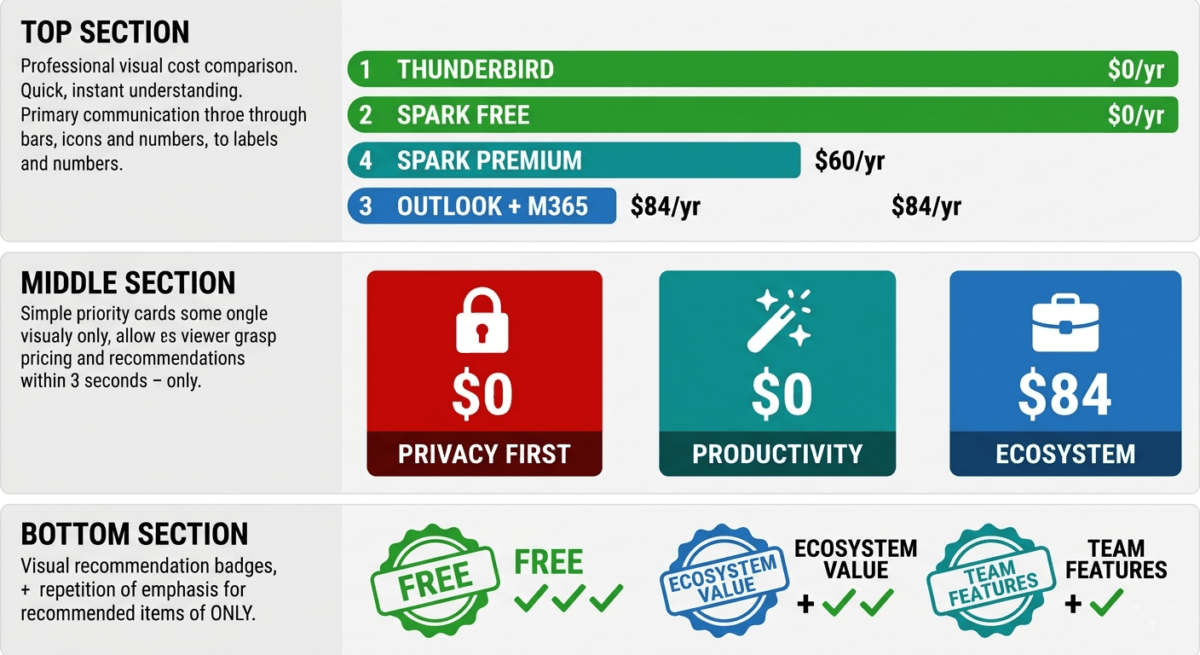 Pricing and feature value comparison showing Thunderbird completely free with all features, Spark free with all individual productivity features, Microsoft 365 Personal at $83.88/year for ecosystem and Office apps, with analysis showing free options provide excellent value.