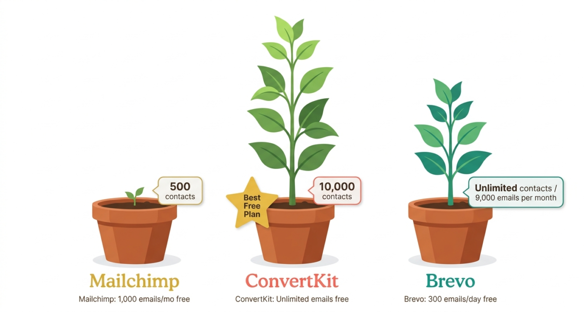 Free email marketing plan comparison illustrated as three growing plants — a tiny seedling for Mailchimp at 500 contacts, a tall thriving plant for ConvertKit at 10,000 contacts, and a medium plant for Brevo with unlimited contacts but 300 emails per day