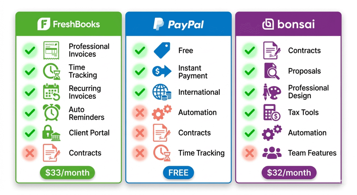 FreshBooks vs PayPal vs Bonsai. Feature comparison infographic showing FreshBooks, PayPal, and Bonsai side-by-side with checkmarks and X marks indicating which features each platform includes, such as invoicing, time tracking, contracts, and automatic reminders.