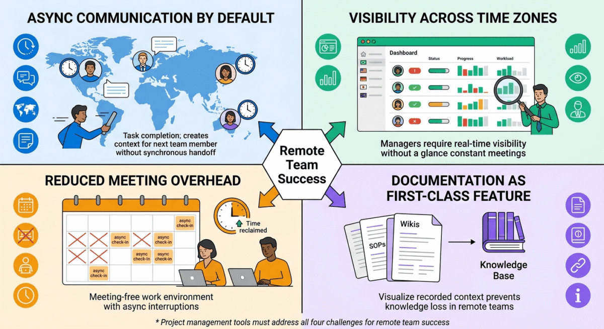 Infographic showing four remote team challenges: async communication across time zones, visibility without constant meetings, reduced meeting overhead, and documentation as a primary feature, each illustrated in a separate quadrant.