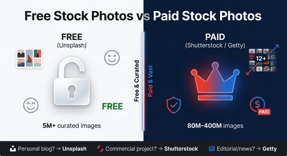 Shutterstock vs Getty Images vs Unsplash, Split infographic comparing free stock photos from Unsplash showing a curated library of 5 million images behind an open padlock, versus paid platforms Shutterstock and Getty Images showing 80 to 400 million images behind a crown icon, with a bottom bar recommending each platform by use case.