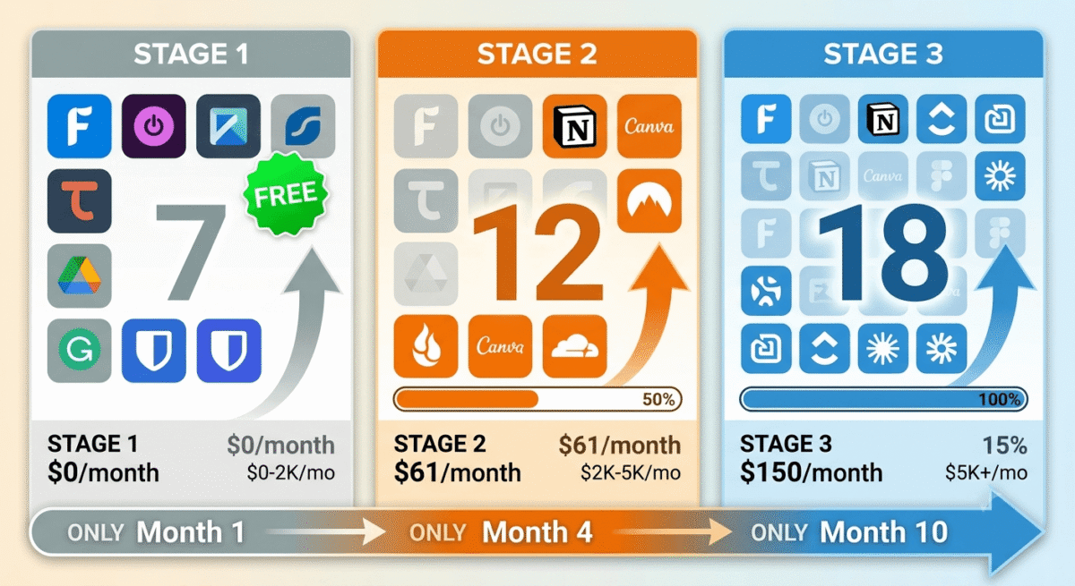 Three freelance tool stacks by business stage: Stage 1 ($0/month, 7 free tools including Wave, Toggl, Calendly) for first clients earning $0–2,000/month; Stage 2 (~$61/month adding FreshBooks, Canva Pro, NordVPN) for growing practices earning $2,000–5,000/month; Stage 3 (~$140/month adding Bonsai, HubSpot, ClickUp, Claude Pro) for established practices earning $5,000+/month.