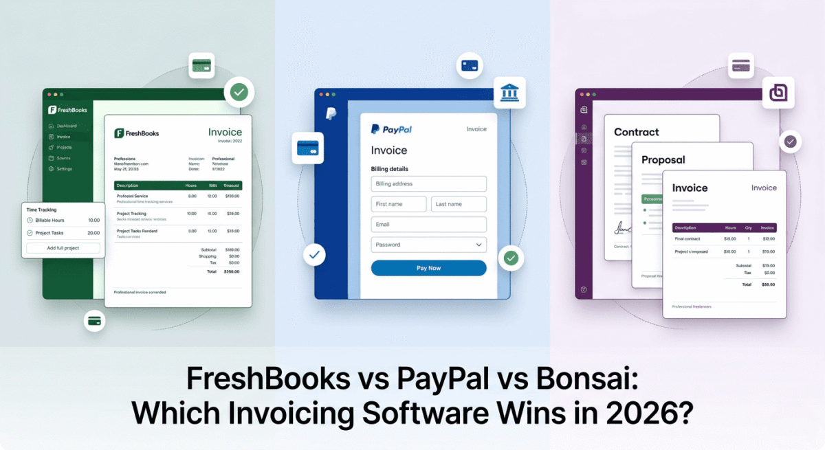 Comparison of three invoicing software interfaces: FreshBooks with green design on the left, PayPal with blue interface in the center, and Bonsai with purple design on the right, displayed side-by-side on a professional gradient background.