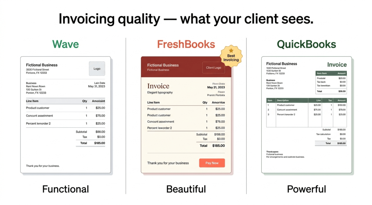 Three-column invoice quality comparison showing Wave's functional plain invoice on the left, FreshBooks's beautiful branded invoice in the center with a Best Invoicing badge, and QuickBooks's powerful detailed invoice on the right