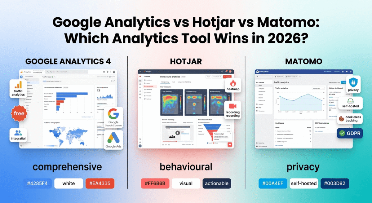 Comparison of three analytics platforms: Google Analytics 4 with comprehensive traffic data and integrations on the left, Hotjar with heatmaps and behaviour analytics in the center, and Matomo with privacy-first and self-hosted options on the right