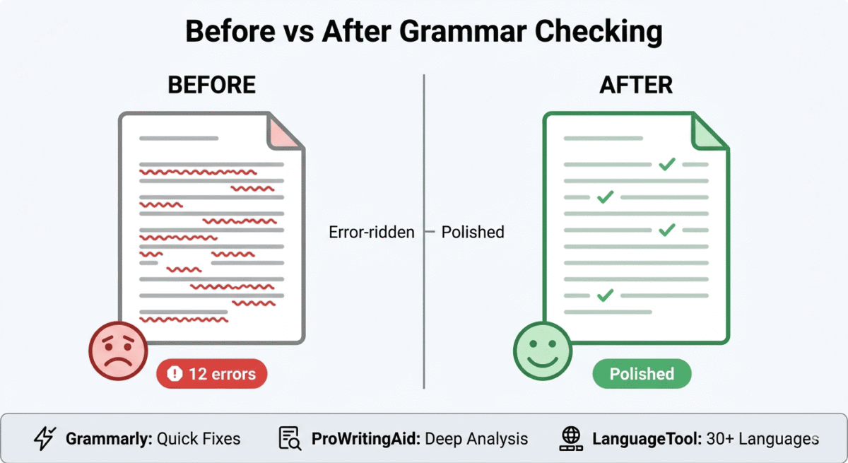 Before and after comparison showing blog post with 12 grammar and style errors transformed into polished, error-free content with improved readability metrics and higher professional credibility.