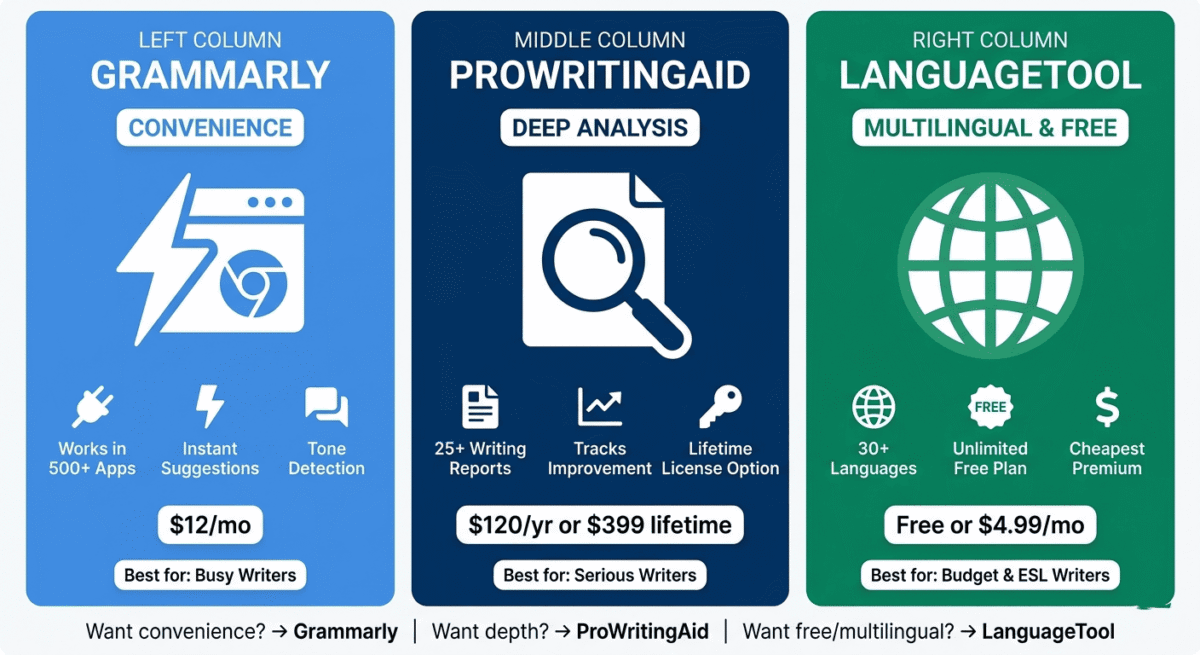 Platform specialization matrix showing Grammarly as convenience specialist, ProWritingAid as serious writer specialist, and LanguageTool as multilingual and budget specialist, with distinct features and target writer types for each.