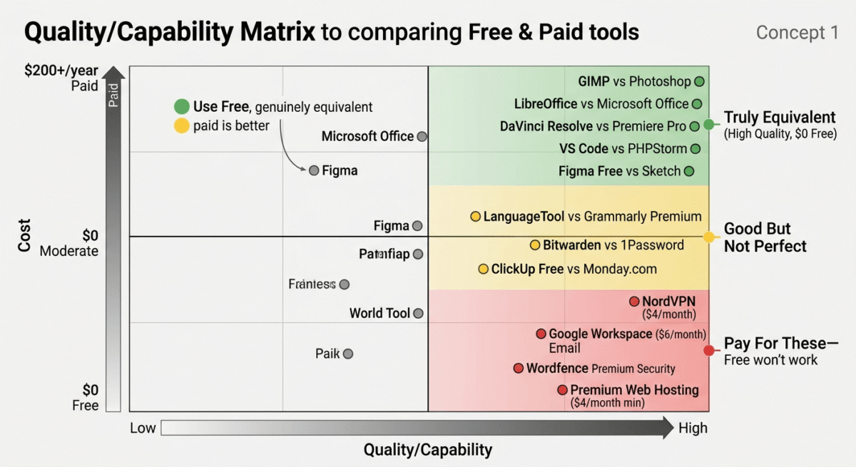 Quality comparison matrix showing free tools equivalent to paid (GIMP≈Photoshop, LibreOffice≈Microsoft, DaVinci≈Premiere) in high-quality/zero-cost zone, versus paying justified for web hosting, VPN, professional email, and security—showing honest assessment that not all paid tools should be replaced.