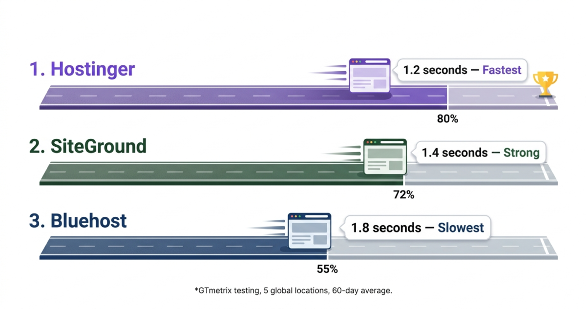 Web hosting speed comparison track illustration showing Hostinger loading in 1.2 seconds, SiteGround in 1.4 seconds, and Bluehost in 1.8 seconds based on 60-day GTmetrix testing from five global locations