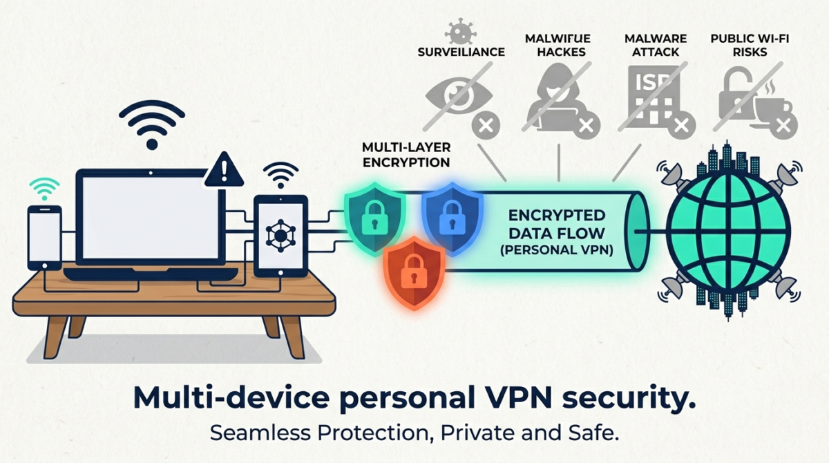 Diagram showing how a VPN works — laptop connecting through an encrypted tunnel and shield to the internet, blocking ISP surveillance, hackers, and data tracking