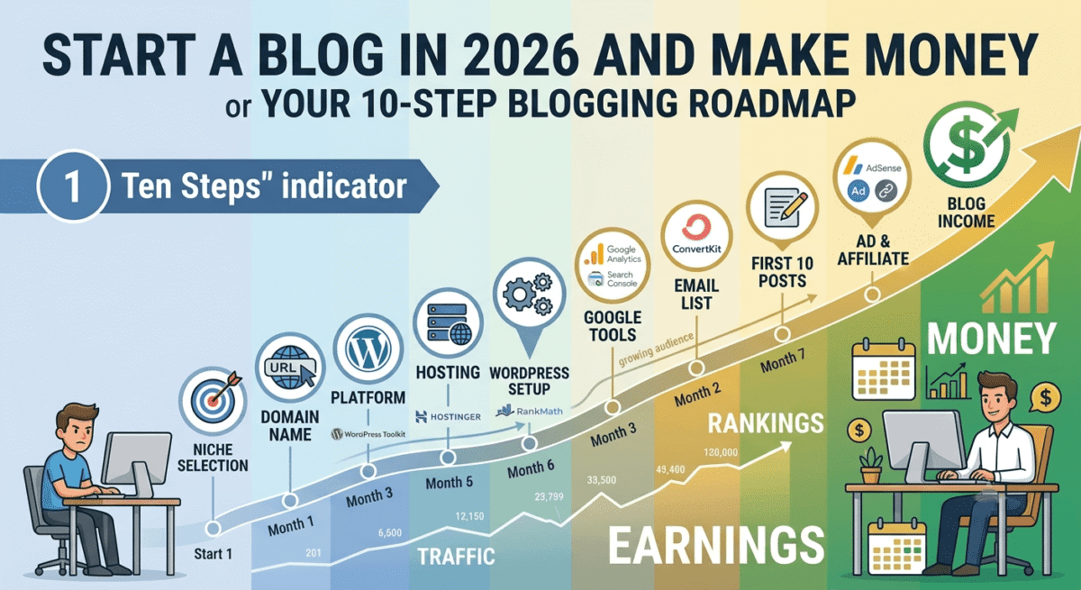 A 10-step blogging journey visualization progressing from choosing a niche and domain through WordPress hosting setup, Google Analytics, email marketing, content creation, and monetization with AdSense and affiliate links, ending with an established profitable blog.