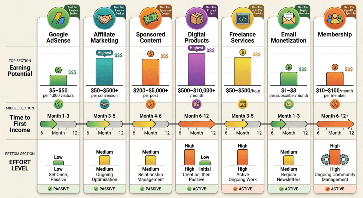 How to Make Money Blogging, A comparison of 7 income streams for bloggers showing AdSense ($5–$50 RPM, months 3–5, low effort), Affiliate Marketing ($50–$500 per conversion, months 4–6, medium effort), Sponsored Content ($200–$5,000, months 6–12, medium effort), Digital Products ($500–$10,000+/month, months 6–12, high initial then low), Freelance Services ($50–$500/hour, immediate, high effort), Email Monetization ($1–$3/subscriber/month, months 4–8, medium effort), and Membership ($10–$100/month/member, months 12+, high effort).