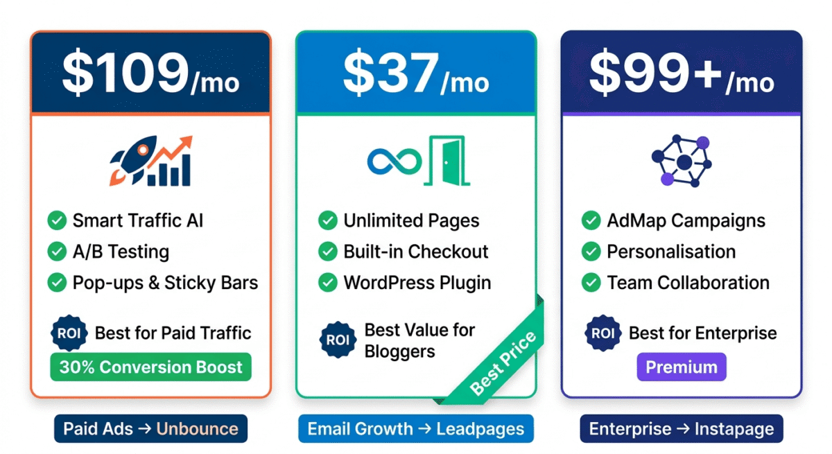 Pricing and ROI comparison showing Unbounce best for paid campaigns ($109/month with 30% conversion uplift), Leadpages best for bloggers ($37/month unlimited), and Instapage justified for enterprises (custom pricing with labor savings from collaboration).