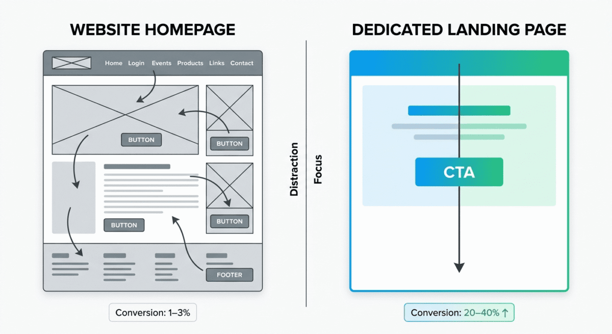 Side-by-side comparison showing website homepage with multiple navigation links and CTAs causing 1-3% conversion, versus dedicated landing page with single focus and no distractions achieving 20-40% conversion.