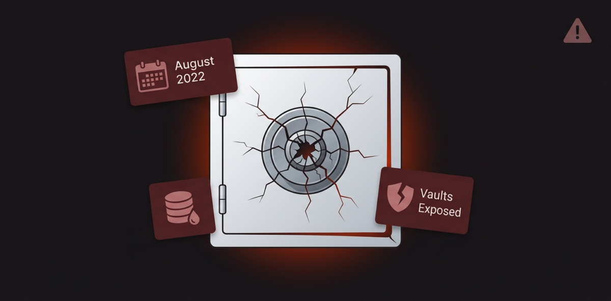 Editorial illustration of a cracked digital vault door with red warning glow and floating date cards showing the LastPass 2022 security breach timeline and vault exposure