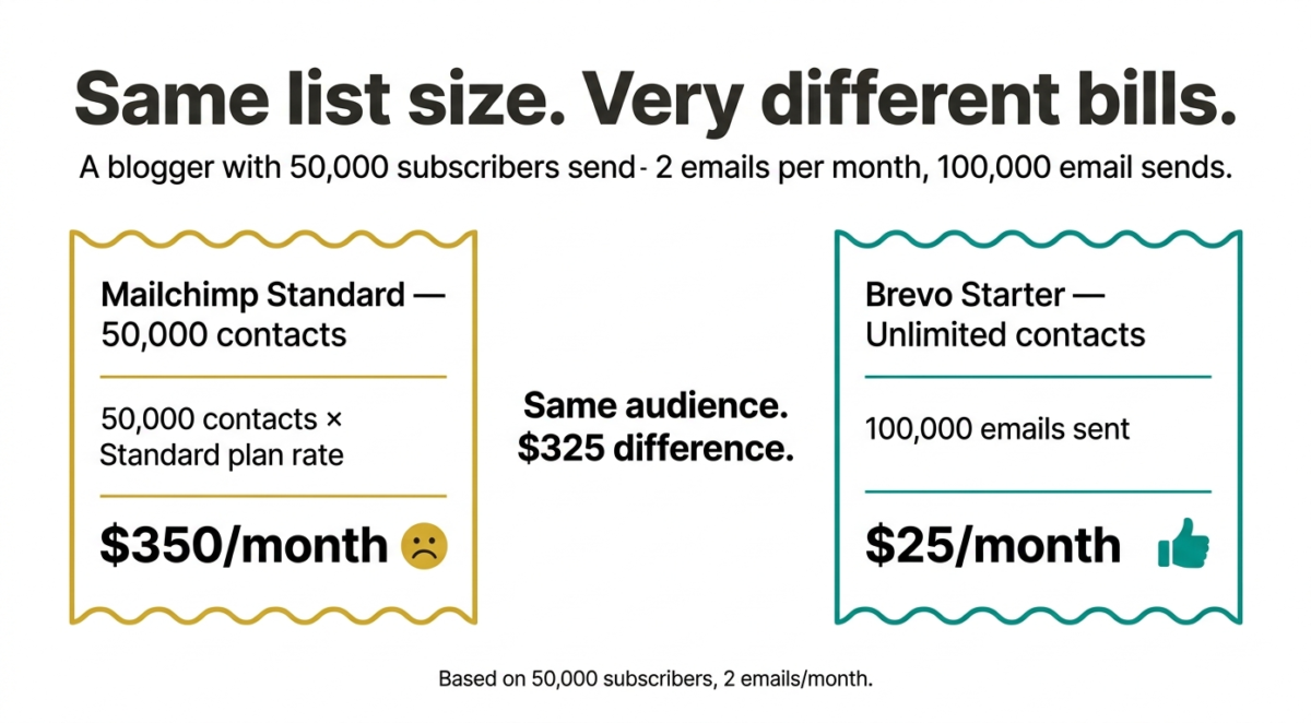 Email marketing pricing comparison receipt illustration showing Mailchimp costing 350 dollars per month versus Brevo costing 25 dollars per month for the same 50,000 subscriber list sending 2 emails per month