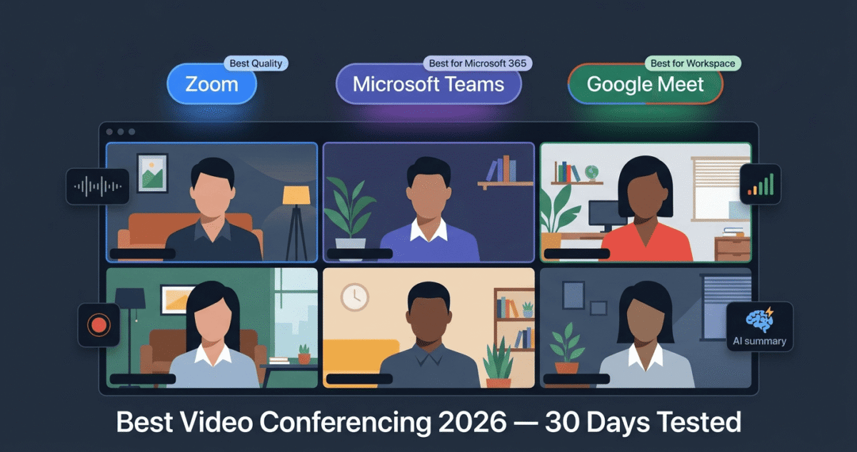 Hero editorial illustration of a video conferencing grid with six abstract avatar tiles on a dark background, topped by three platform badges — Zoom in blue with Best Quality, Microsoft Teams in purple with Best for Microsoft 365, and Google Meet in green with Best for Workspace