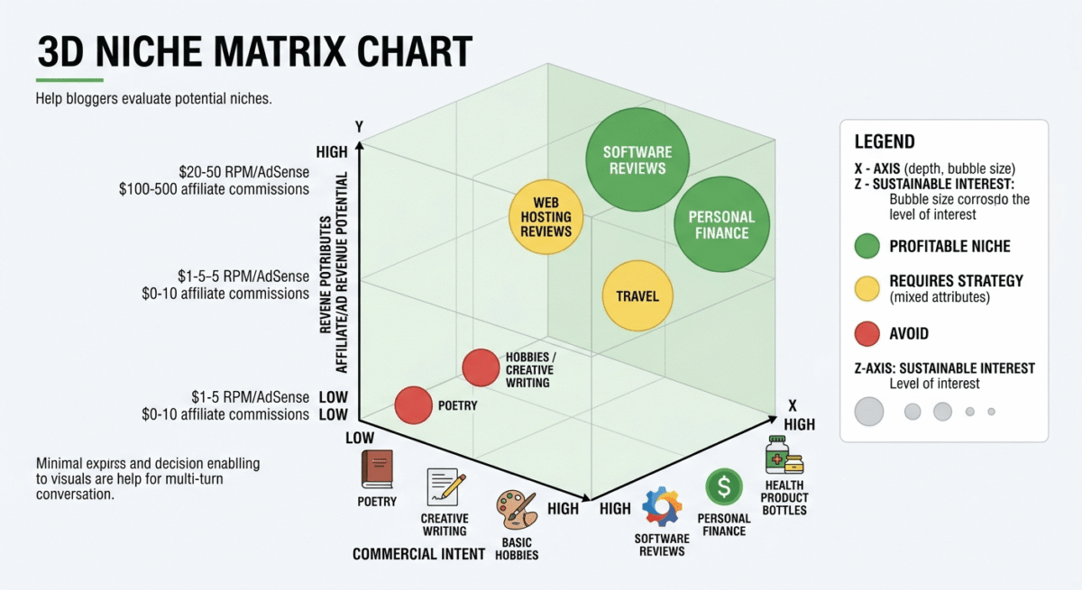 How to Start a Blog, A niche selection matrix showing Software Reviews, Personal Finance, and Web Hosting as high-profitability niches (high commercial intent + high affiliate revenue potential + sustainable interest), while Poetry and Hobbies are rated as low-profitability niches without commercial monetization potential.