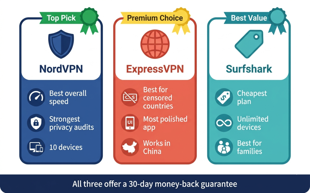 Three-column VPN decision card infographic comparing NordVPN as top pick, ExpressVPN as premium choice, and Surfshark as best value with key features listed for each