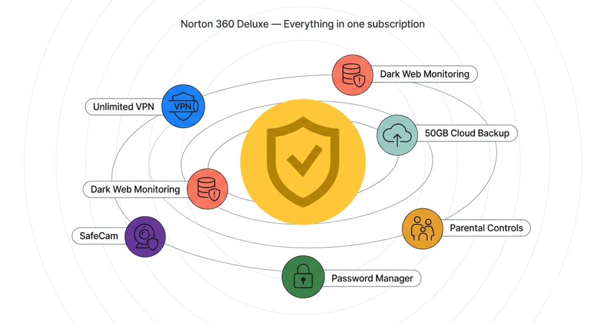 
Solar system illustration of Norton 360 Deluxe features showing a central shield orbited by six feature icons — unlimited VPN, dark web monitoring, 50GB cloud backup, parental controls, password manager, and SafeCam webcam protection