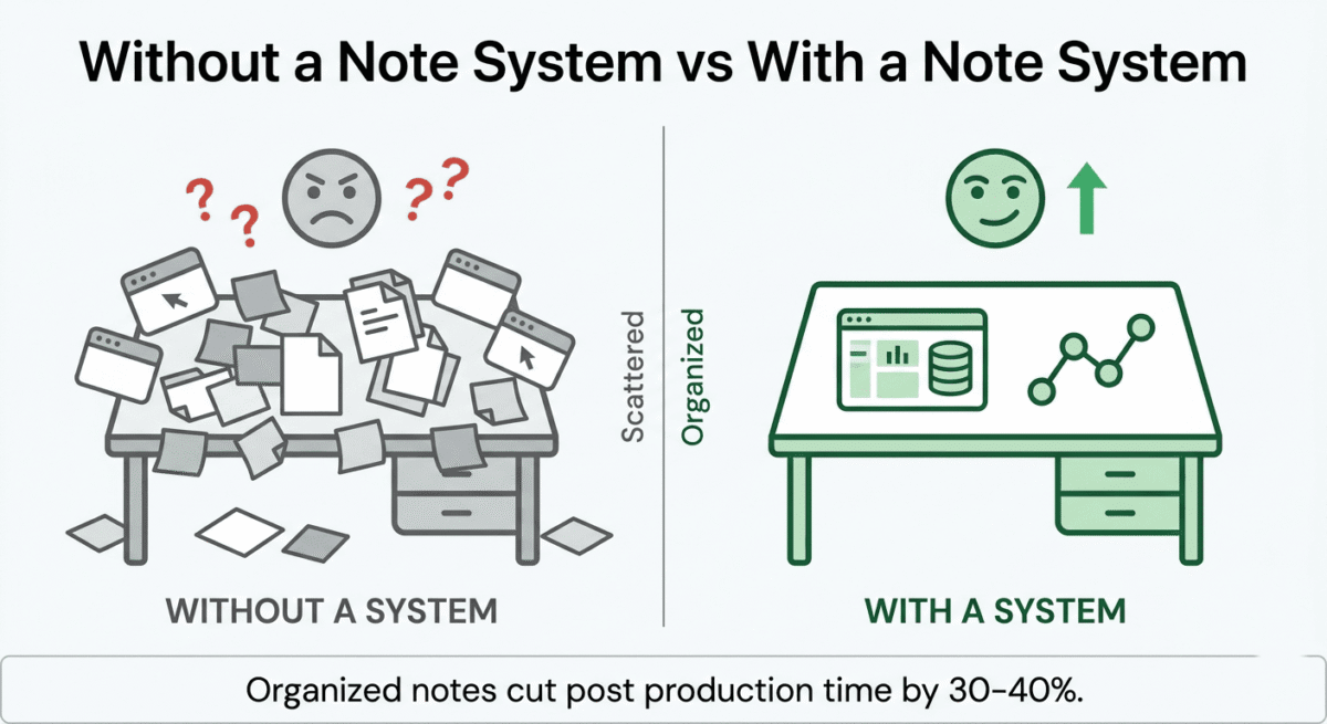 Before and after comparison showing blog production without note system using scattered information and duplicate research versus with organized note system having centralized affiliate tracking, linked research, and reusable templates.