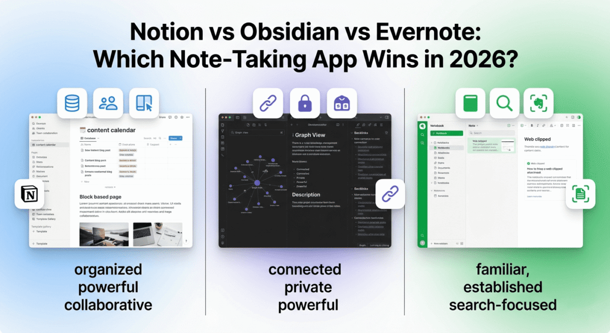 Comparison of three note-taking apps: Notion with database tables and collaborative workspace on the left, Obsidian with knowledge graph showing interconnected notes in the center, and Evernote with hierarchical notebooks and search on the right.