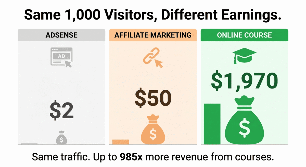 Revenue comparison infographic showing 1,000 blog visitors earning $2/month via AdSense, $50/month via affiliate marketing, or $1,970/month via online courses priced at $197 with 1% conversion rate.