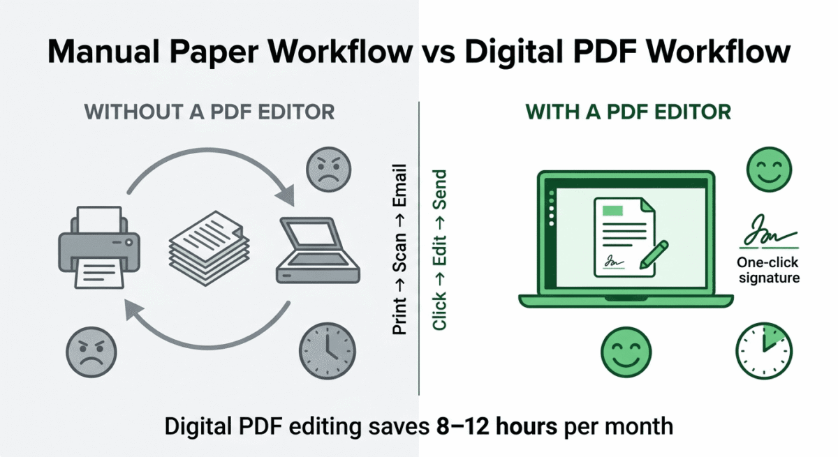 Before and after comparison showing document workflow without PDF editor requiring manual print-scan-email cycles (15-20 minutes per task) versus with PDF editor enabling digital editing and e-signing (2-5 minutes per task), saving 8-12 hours monthly.