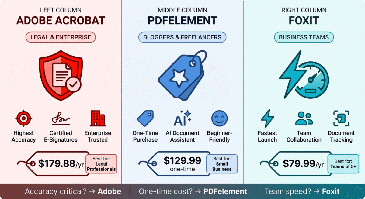 Platform positioning matrix showing Adobe Acrobat as legal and enterprise specialist, PDFelement as bloggers and small business specialist, and Foxit as business teams specialist, with distinct features and target user types.