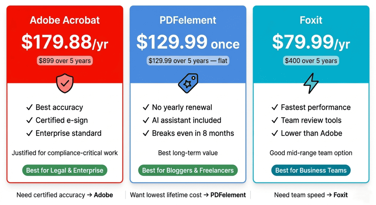 Adobe Acrobat vs PDFelement vs Foxit. Pricing and total cost of ownership comparison showing Adobe Acrobat $179.88/year cumulative to $899.40 over 5 years, PDFelement Pro $129.99 one-time staying flat, Foxit $79.99/year cumulative to $399.95 over 5 years, and free tools at $0.