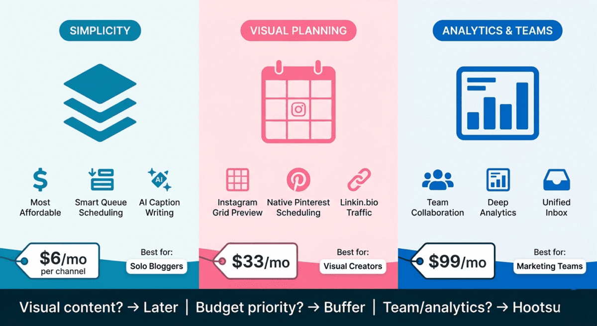 Platform specialization profiles showing Buffer as individual blogger specialist, Later as visual creator and Pinterest specialist, and Hootsuite as marketing team and agency specialist, with distinct features and target users for each.