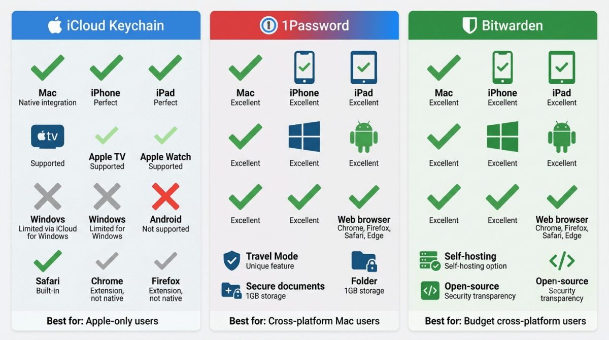 1Password vs Bitwarden vs iCloud Keychain, Device compatibility matrix comparing platform support: iCloud Keychain with checkmarks for Mac, iPhone, iPad, Apple TV, and Apple Watch but X marks for Windows and Android; 1Password with checkmarks across all platforms (Mac, Windows, iOS, Android) and web browsers; Bitwarden with full cross-platform support plus self-hosting and open-source options.
