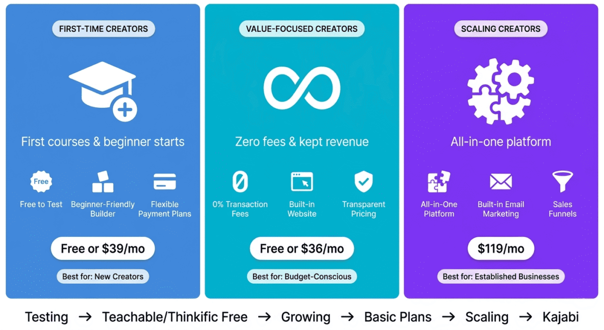 Creator specialization matrix showing Teachable as first-time course creator specialist, Thinkific as value-focused creator specialist, and Kajabi as full-stack business builder specialist, with distinct features and target creators for each stage.