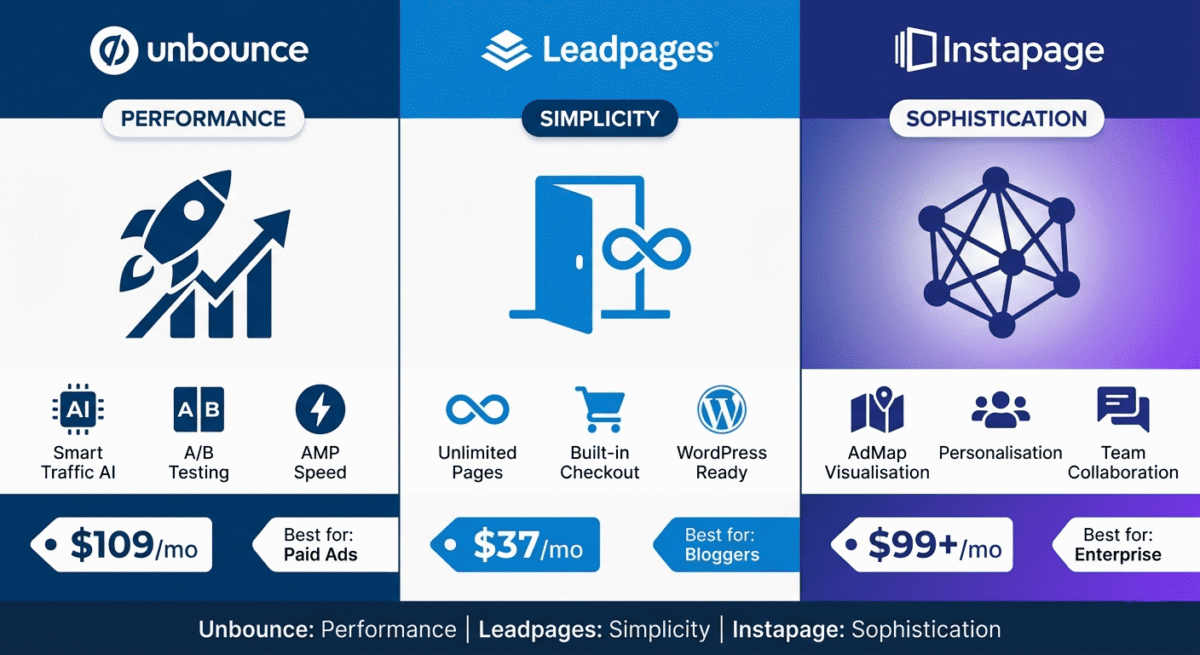 Unbounce vs Leadpages vs Instapage. Platform specialization matrix showing Unbounce as performance marketing specialist, Leadpages as blogger and small business specialist, and Instapage as enterprise and agency specialist, with distinct features and target audiences for each.