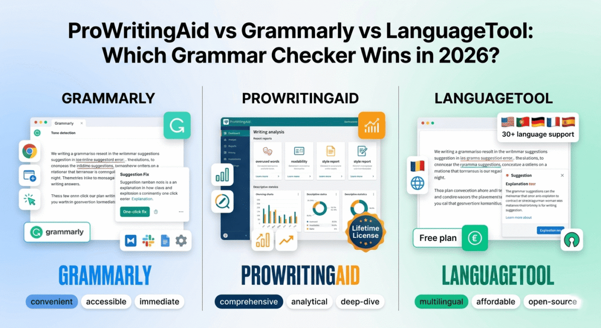 Comparison of three grammar checkers: Grammarly with inline browser extension suggestions on the left, ProWritingAid with comprehensive reporting dashboard in the center, and LanguageTool with multilingual support and affordability on the right.