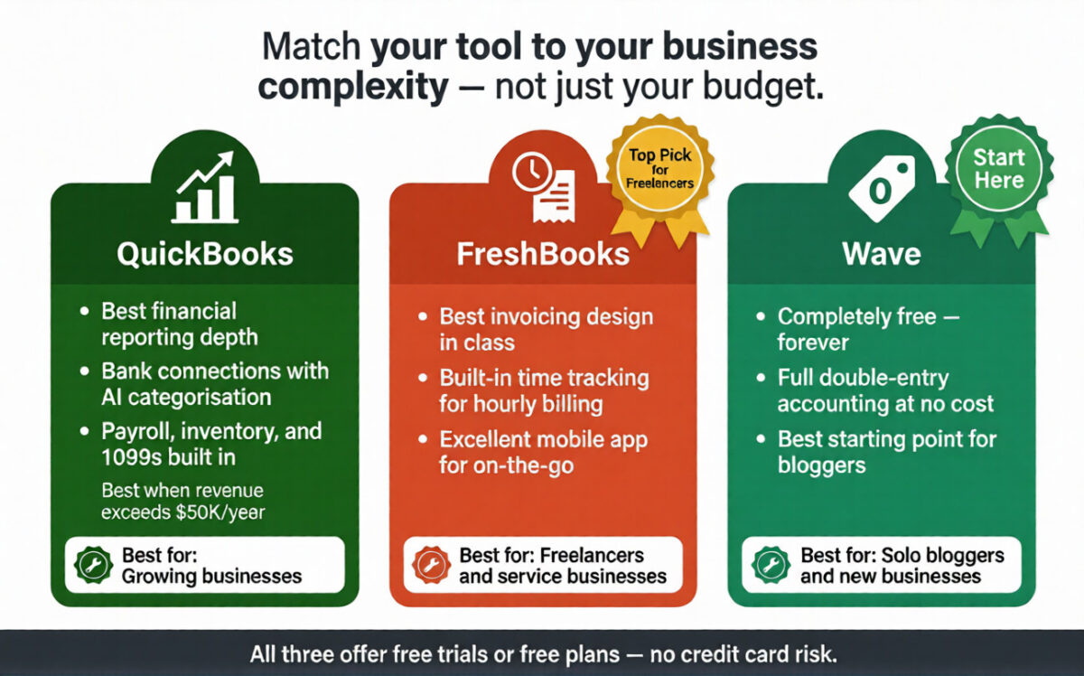 Three-column accounting software decision infographic — QuickBooks for growing businesses with complex reporting needs, FreshBooks as top pick for freelancers with best-in-class invoicing, and Wave with a Start Here badge for solo bloggers and new businesses at zero cost