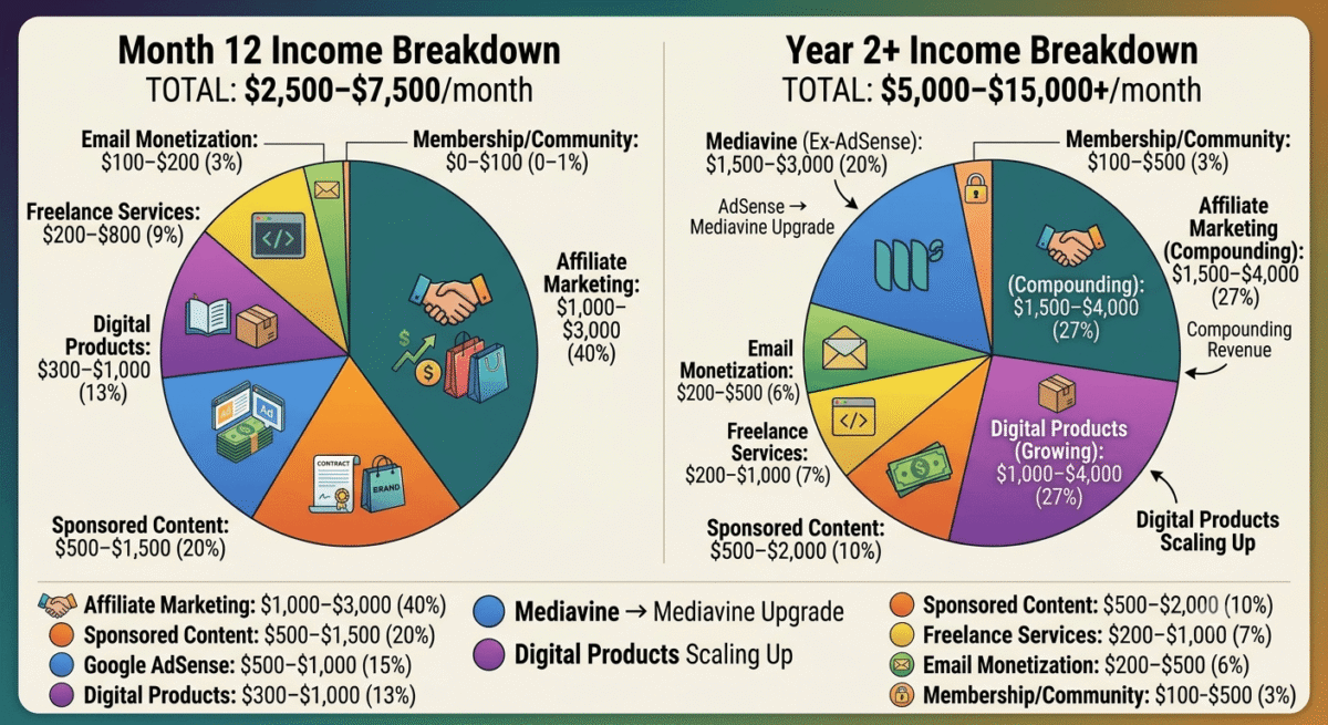 Income composition comparison showing Month 12 blog earning $2,500–$7,500/month (AdSense $500–1,000 [20%], Affiliate Marketing $1,000–3,000 [40%], Sponsored Content $500–1,500 [20%], Digital Products $300–1,000 [12%], other streams [8%]) versus Year 2+ earning $5,000–$15,000+/month (Mediavine $1,500–3,000 [30%], Affiliate Marketing $1,500–4,000 [30%], Digital Products $1,000–4,000 [20%], other streams [20%]).
