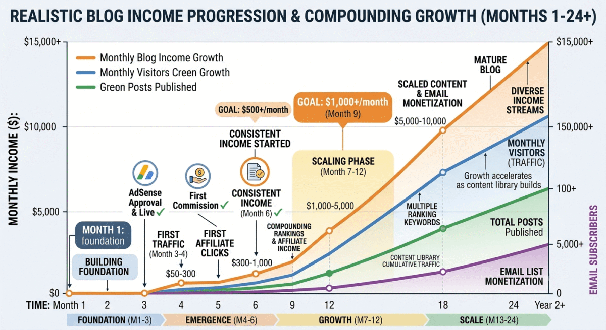 A realistic income growth chart showing new blog progression from $0/month (months 1-3) → $50-300/month (month 4) → $300-1,000/month (months 5-6) → $1,000-5,000/month (months 7-12) → $5,000-15,000/month (year 2+), with accompanying traffic, post count, and email subscriber growth.