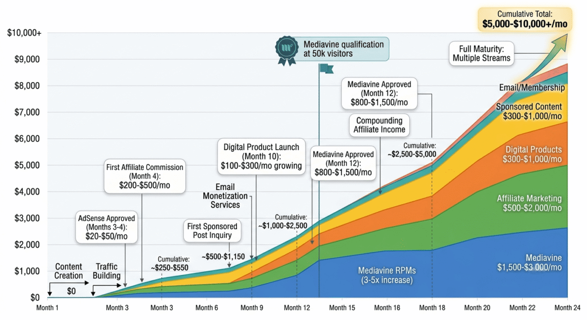 A stacked area chart showing realistic blog income progression over 24 months: Month 3–4 AdSense $20–50/month → Month 4–6 Affiliate Marketing adds $200–500/month → Month 6–12 Email and Sponsorships add $200–500/month → Month 12 Mediavine upgrade increases AdSense 3–5x → Month 18 Cumulative income reaches $2,500–5,000/month → Month 24 Mature blog earning $5,000–10,000+/month with all 7 streams active.